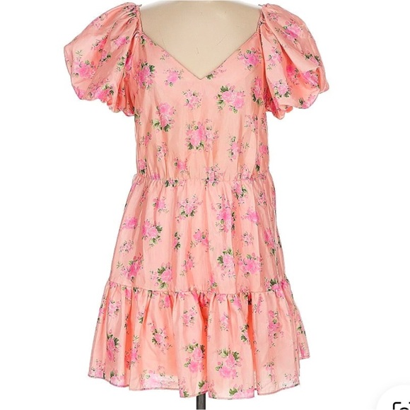 LoveShackFancy pink floral mini dress puff sleeve belt tiered ruffle v neck - Picture 4 of 4